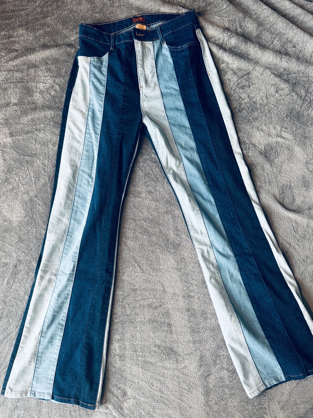 Scully Two-Tone Vertical Stripe Flare Jeans in Dark and Light Blue